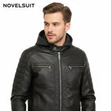OEM Men’s Casual Stand Collar PU Faux Leather Zip-Up Motorcycle Bomber Jacket With a Removable Hood