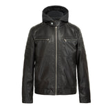OEM Men’s Casual Stand Collar PU Faux Leather Zip-Up Motorcycle Bomber Jacket With a Removable Hood